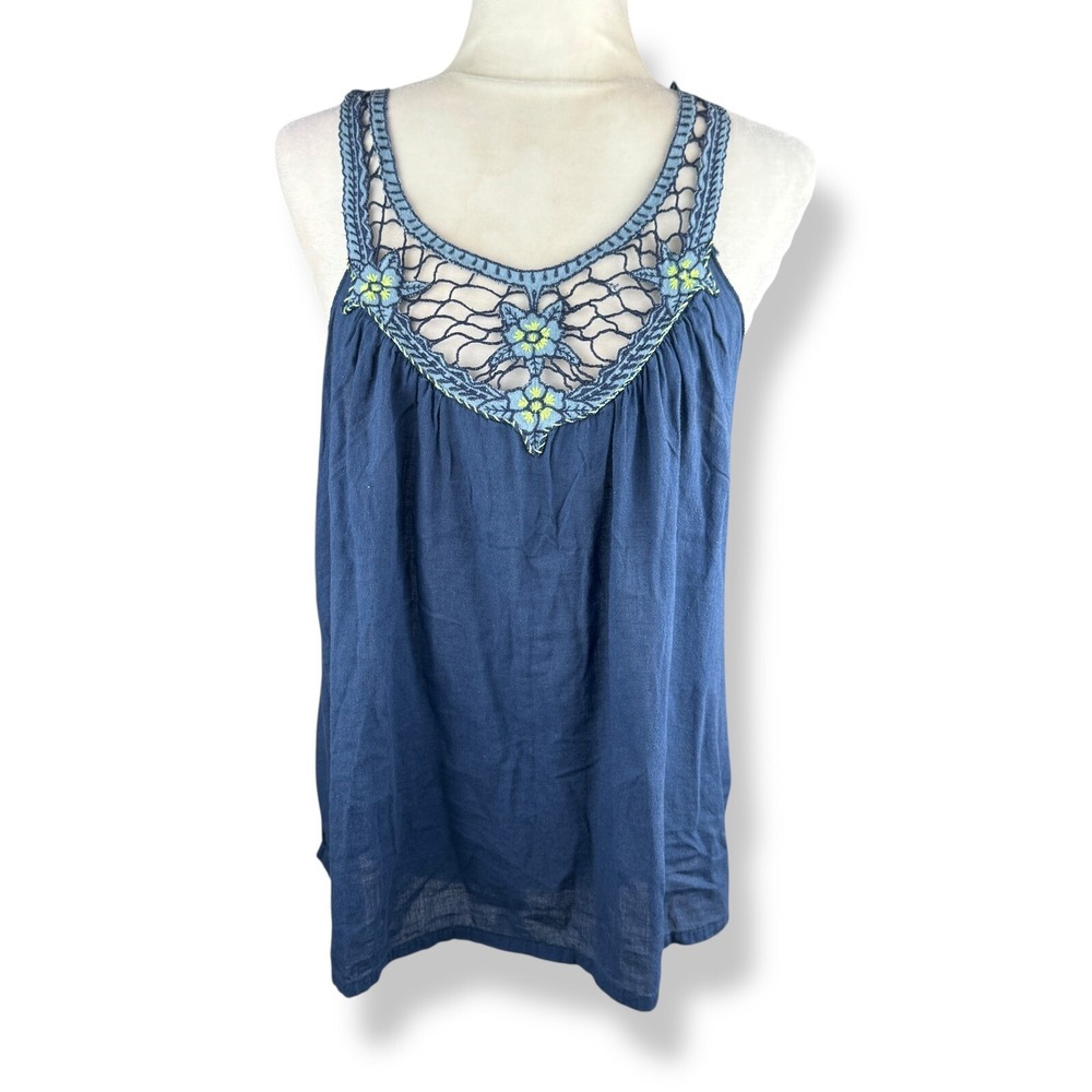 Free People Crochet Embroidered Tank Top Womens Size Large Blue Boho Festival